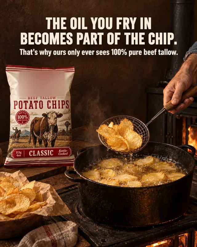 Spec ad concept: Beef tallow potato chips, brand name and logo blurred