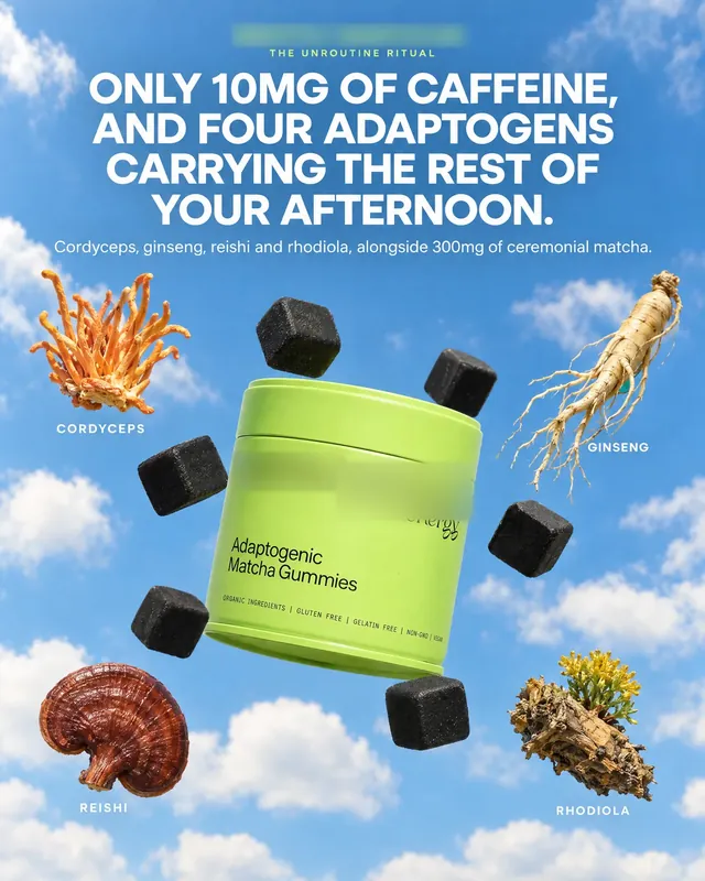 Spec ad concept: Matcha energy gummies, brand name and logo blurred